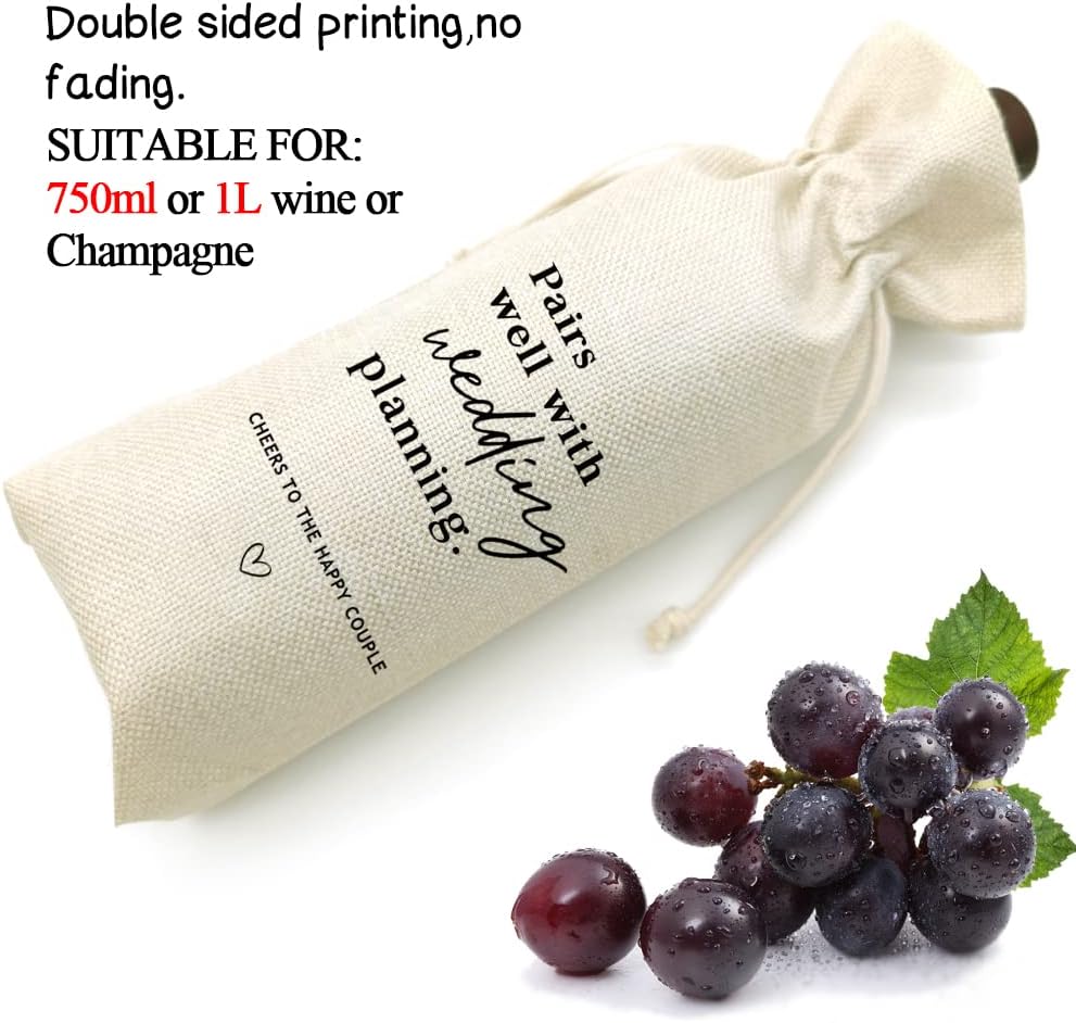 Socive Wedding Gift Wine Bags, Mr and Mrs Wedding Gift, Engagement Wine Bag, Engagement Gift, Linen Drawstring Wine Bag – Pairs Well With Planning a Wedding(5SW102)