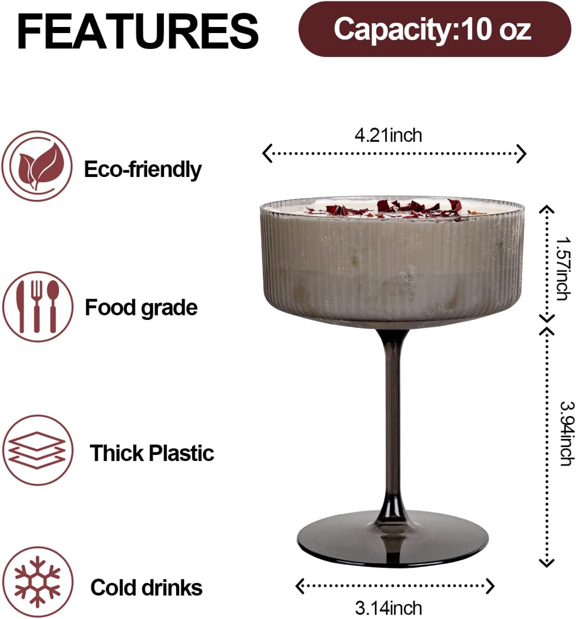 Ciaell 12PCS Plastic Ribbed Martini Glasses – 10 Oz Black Disposable Coupe Glasses with Stem – Heavy Duty Margarita Cups for Bars, Cocktails, Whiskey, Parties & Wedding & New Year