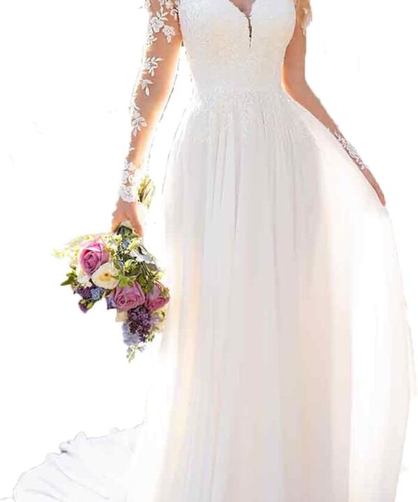 Wedding Dresses for Bride with Lace Appliques Chiffon A Line Women Dress Long Sleeves Beach Bride Dress