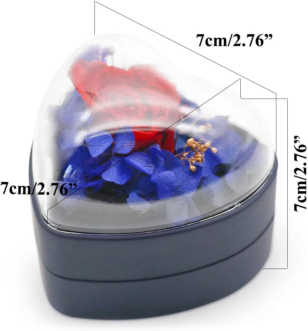 Preserved Flower Rose Pendant Box, Heart Shape Velvet Jewelry Box for Valentines Day Mothers Day Wedding Anniversary Birthday Gift, Dark Blue