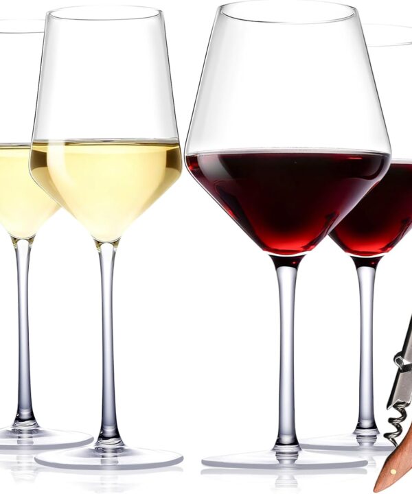 Physkoa Wine Glass Set of 4  2 Red Wine (23oz) & 2 White Wine (14oz) Hand-Blown Crystal Glasses with Corkscrew, Perfect for Christmas, Wedding & Housewarming Gifts