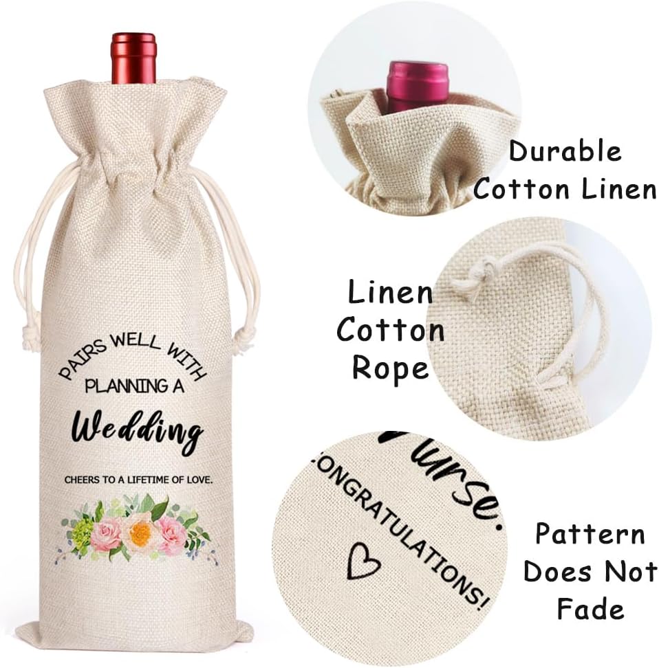 Wedding Wine Bag, Gift for Wedding Planning, Wedding Officiant, Wedding Host, Bride and Groom Wine Gift, Linen Wine Gift Bag