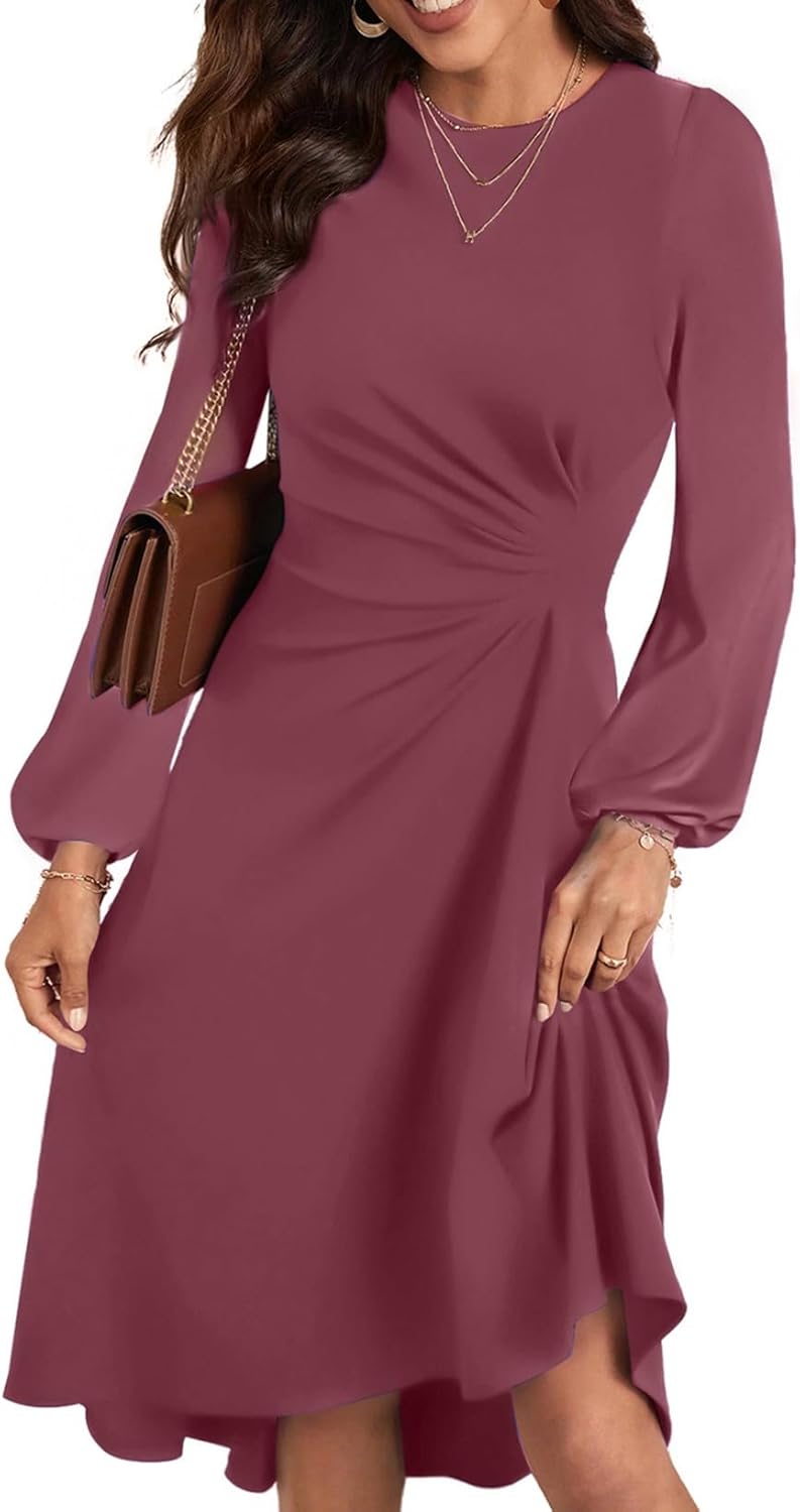 Happy Sailed Women's Long Sleeve Ruched Waist Flowy A Line High Low Midi Cocktail Party Dress
