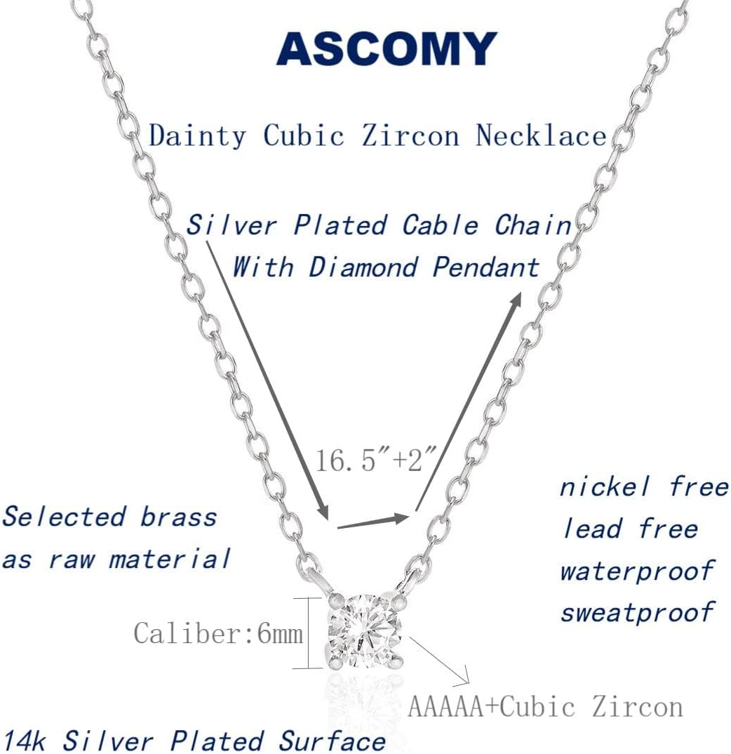 ASCOMY Dainty CZ Diamond Solitaire Pendant Necklaces for Women 14K Gold Plated Single Round Cubic Zirconia Square Simulated Diamond Choker Necklace Bride Bridesmaid Weeding Jewelry Gifts