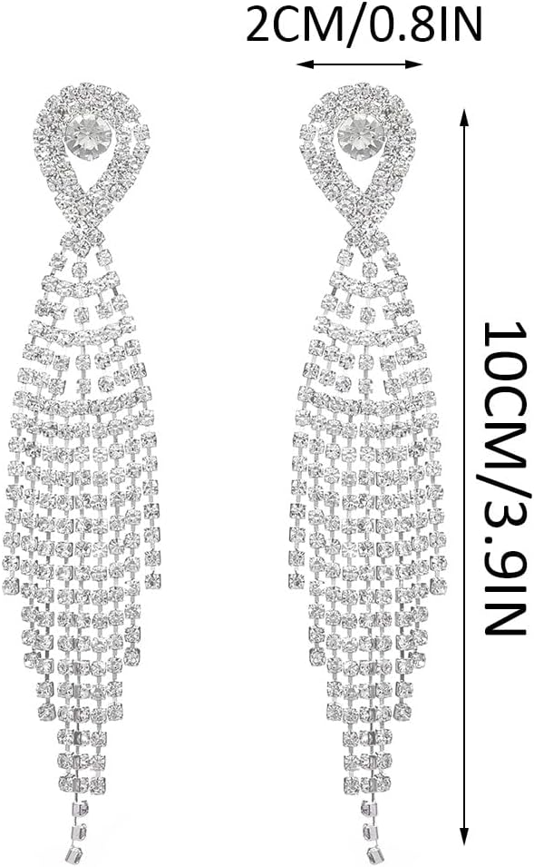 Unicra Long Tassel Rhinestone Earrings Silver Diamond Dangle Earrings Jewelry Sets Crystal Bridal Wedding Earrings Accessories for Women and Brides