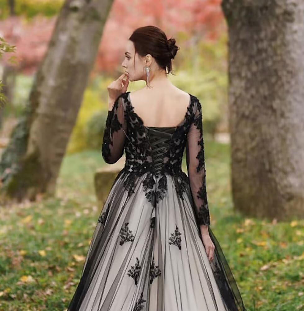Long Sleeves Sweetheart Wedding Dresses for Women Lace Tulle Bridal Gowns with Train Sparkly Black Bridal Dresses