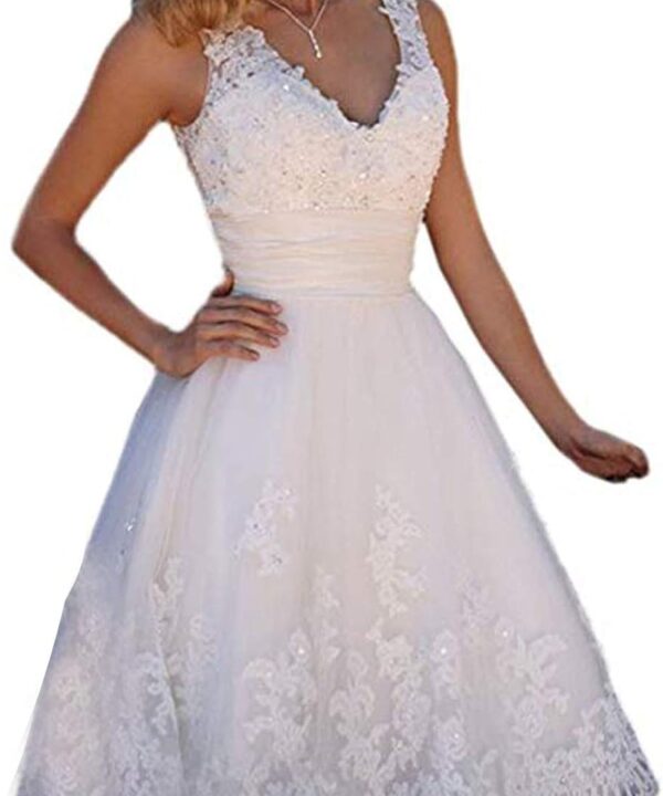 Short Lace Wedding Dresses Knee Length Travel Tulle Rhinestones V-Neck Lace Up Bride Gowns Vintage Dress