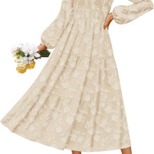 ZESICA Women's Fall Boho Floral Midi Dress 2025 Casual Long Sleeve Crewneck Flowy Wedding Guest Long Dresses
