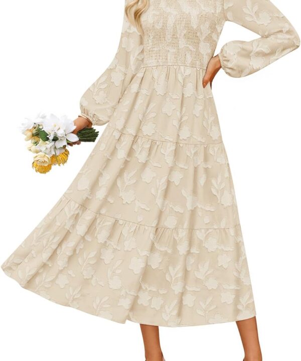 ZESICA Women's Fall Boho Floral Midi Dress 2025 Casual Long Sleeve Crewneck Flowy Wedding Guest Long Dresses