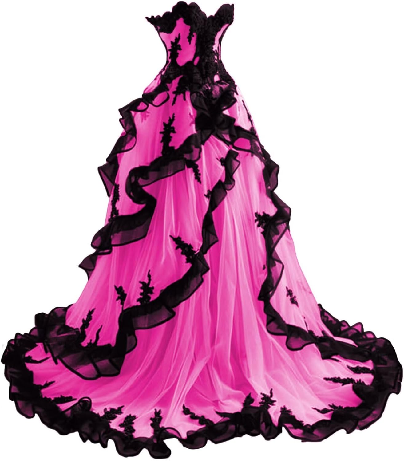 Mouccy Gothic Black Lace Wedding Dresses for Bride Strapless Tulle Bridal Gowns with Train A-line Wedding Gown with Ruffles