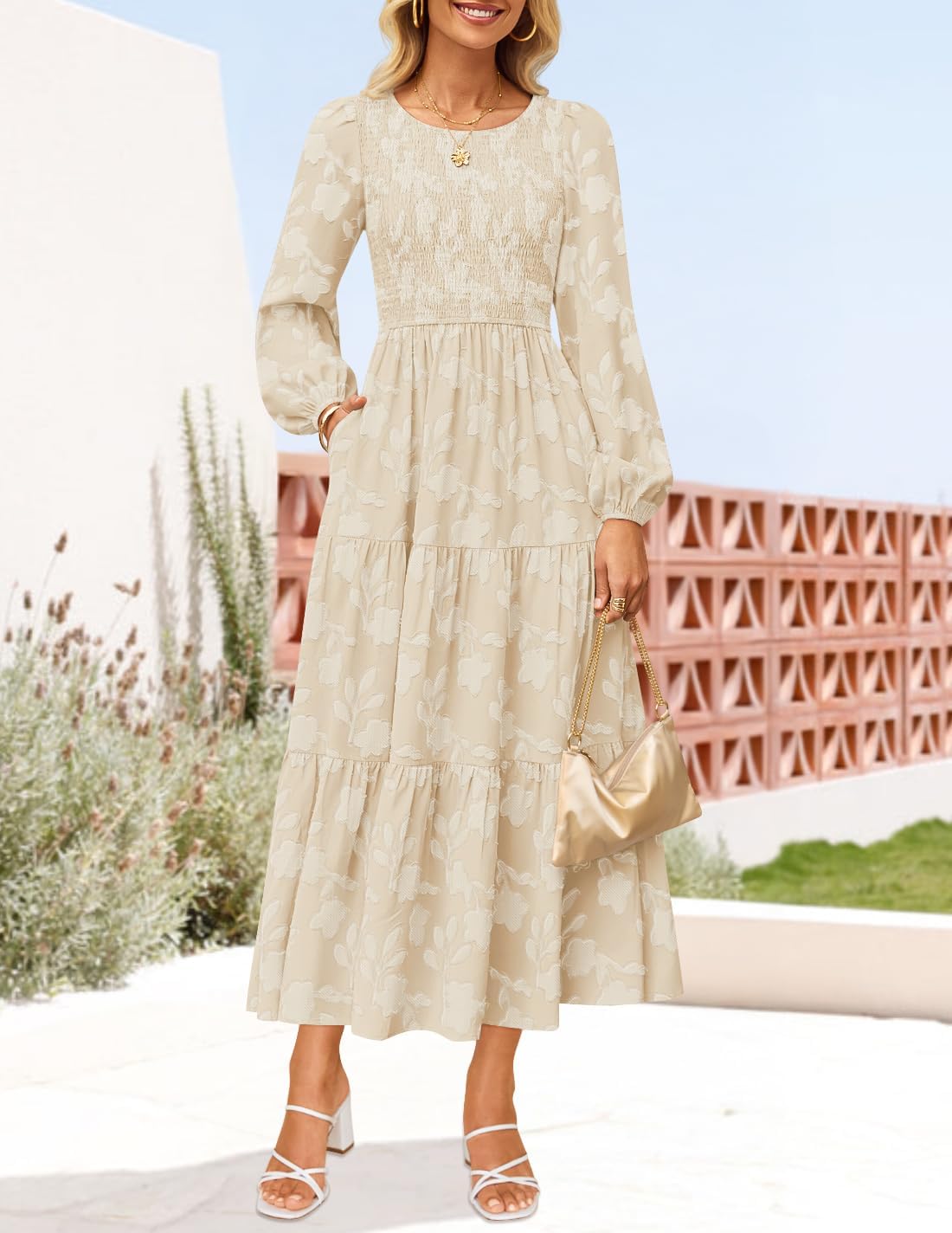 ZESICA Women’s Fall Boho Floral Midi Dress 2025 Casual Long Sleeve Crewneck Flowy Wedding Guest Long Dresses