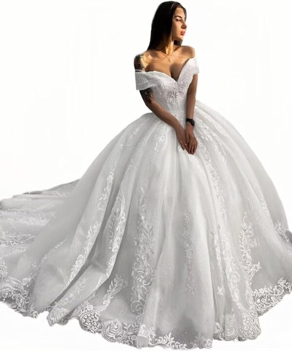 Zhangyo Off Shoulder Wedding Dresses with Train Puffy Lace Appliques Wedding Gown for Bride Princess Tulle Bridal Dress