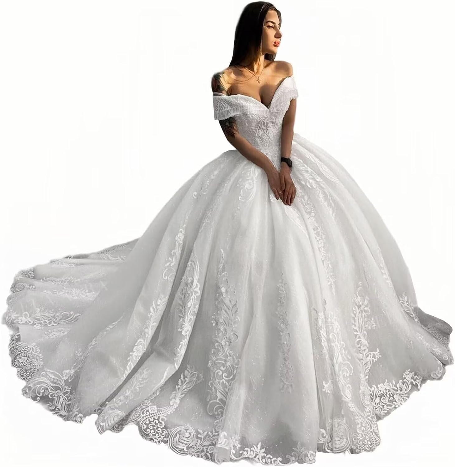 Zhangyo Off Shoulder Wedding Dresses with Train Puffy Lace Appliques Wedding Gown for Bride Princess Tulle Bridal Dress