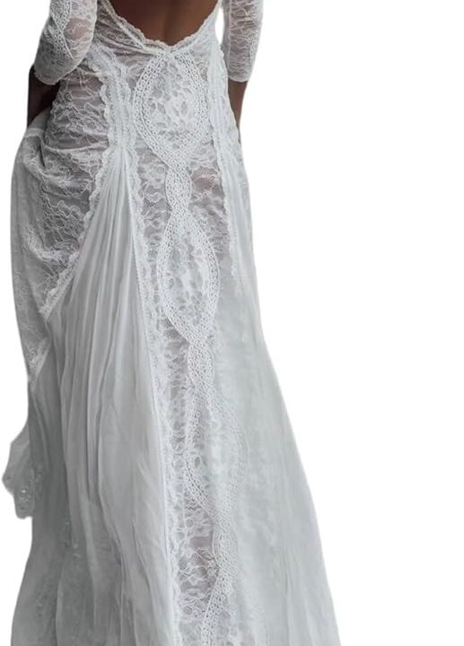 Lace Mermaid Wedding Dresses for Bride Boho Long Sleeve Satin Beach Bridal Dress or Bride