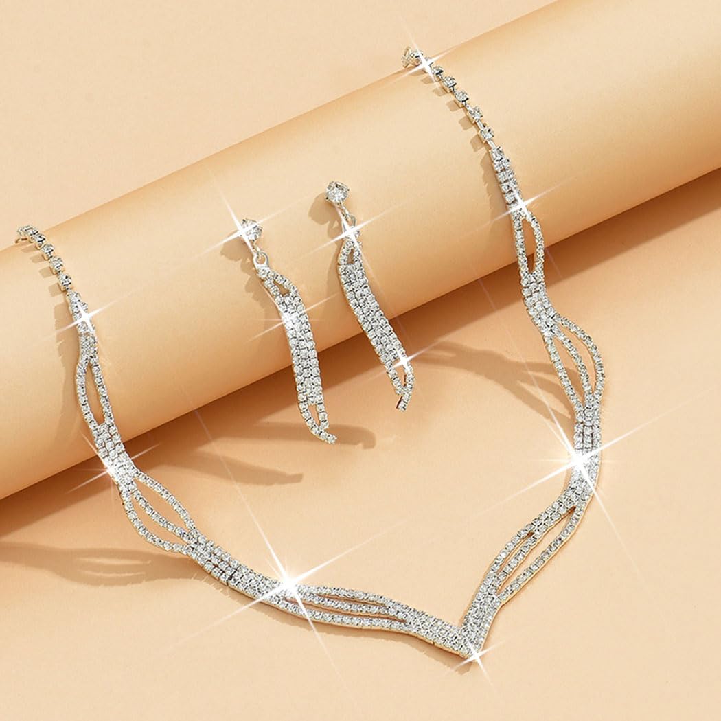 Unicra Wedding Jewelry Set Silver Rhinestone Necklace Earrings Set Prom Jewelry sets for Brides and Women