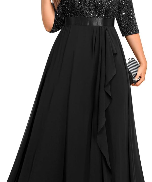 Plus Size Formal Dresses - V Neck 3/4 Sleeves Sequin Evening Gowns Prom Gala Wedding Guest Chiffon Long Maxi Dress