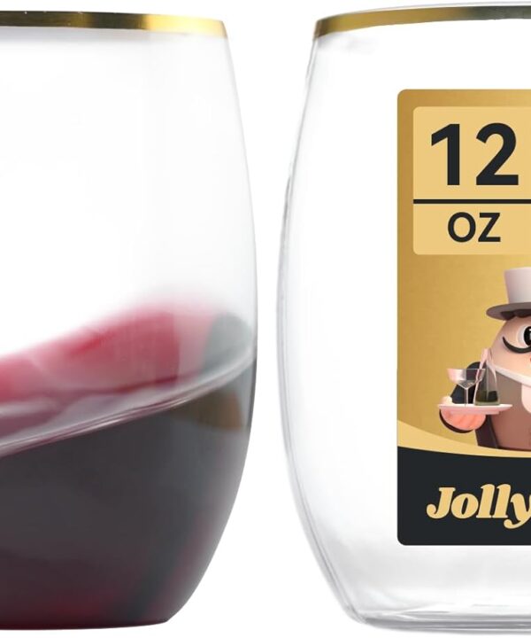 JOLLY CHEF 32 Pack 12oz Gold Plastic Wine Glasses Stemless, Disposable Wine Cupsty, Disposable Plastic Wine Cups for Party, Halloween, Christmas, Thanksgiving
