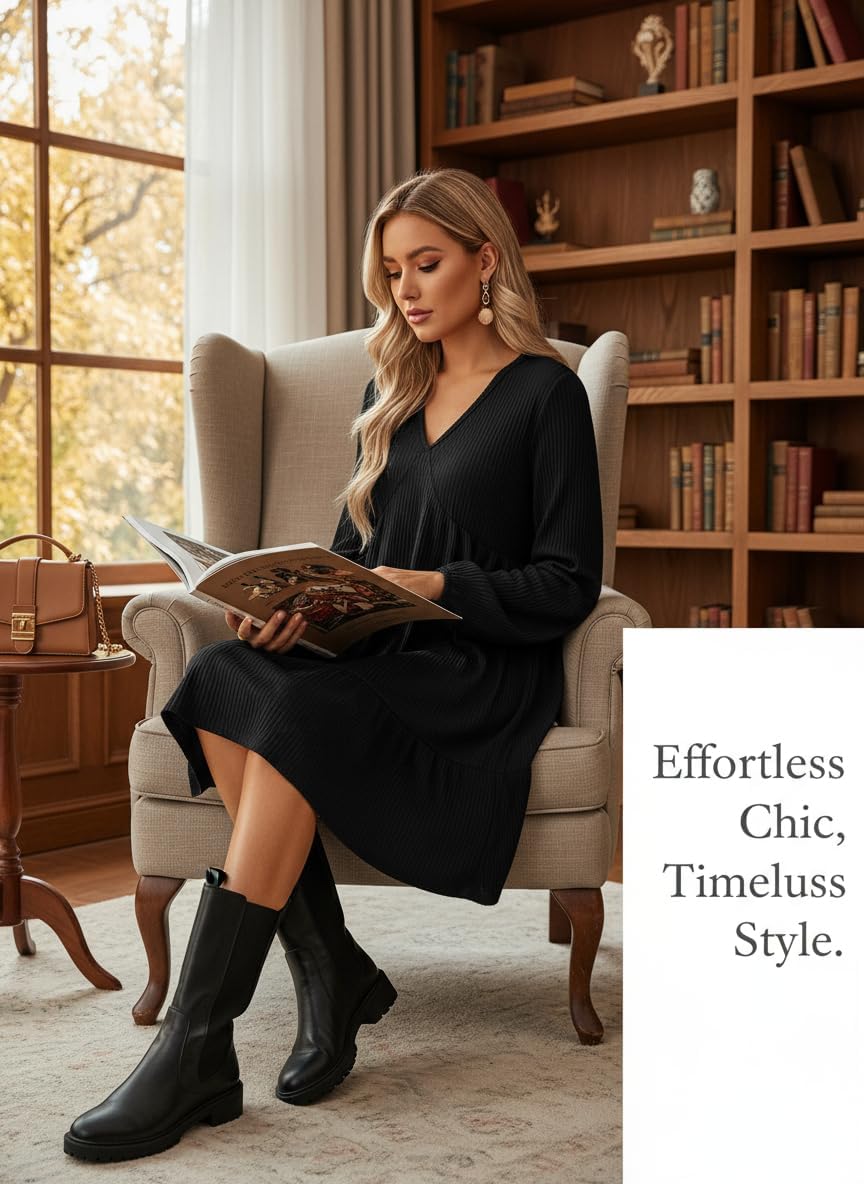 Dokotoo Fall Dresses for Women 2025 Long Sleeve V Neck Lightweight Ribbed Knit Empire Waist Casual A Line Swing Mini Dress