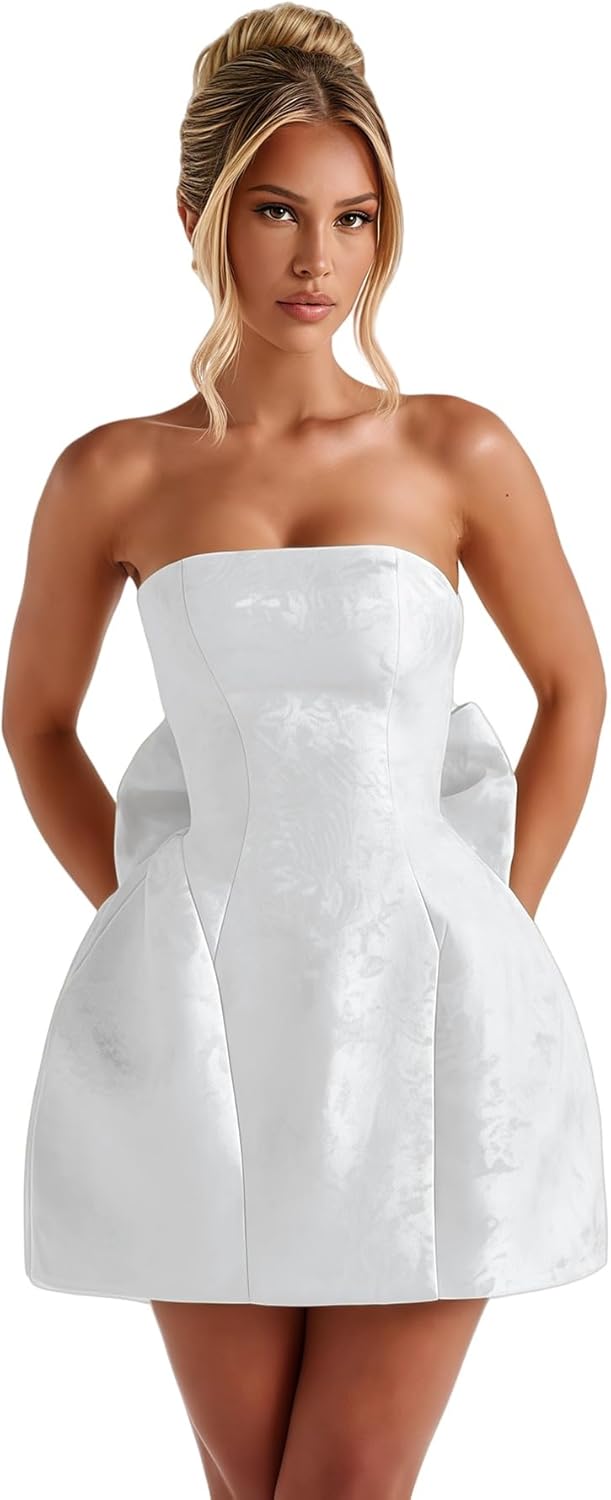 ZGMYC Jacquard Satin Homecoming Dress with Bow Elegant Strapless Mini Dress A Line Short Prom Dresses Party Gown