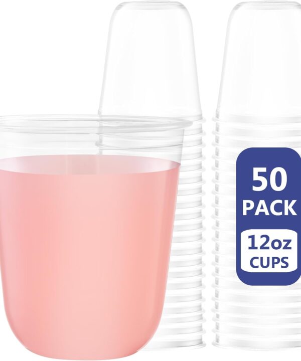 WELLIFE 12 oz Clear Plastic Cups, 50 Pcs Disposable Wine Glasses Stemless Cocktail Punch Cups for Party Cold Drinking Wedding, Picnic, BBQ, Birthday