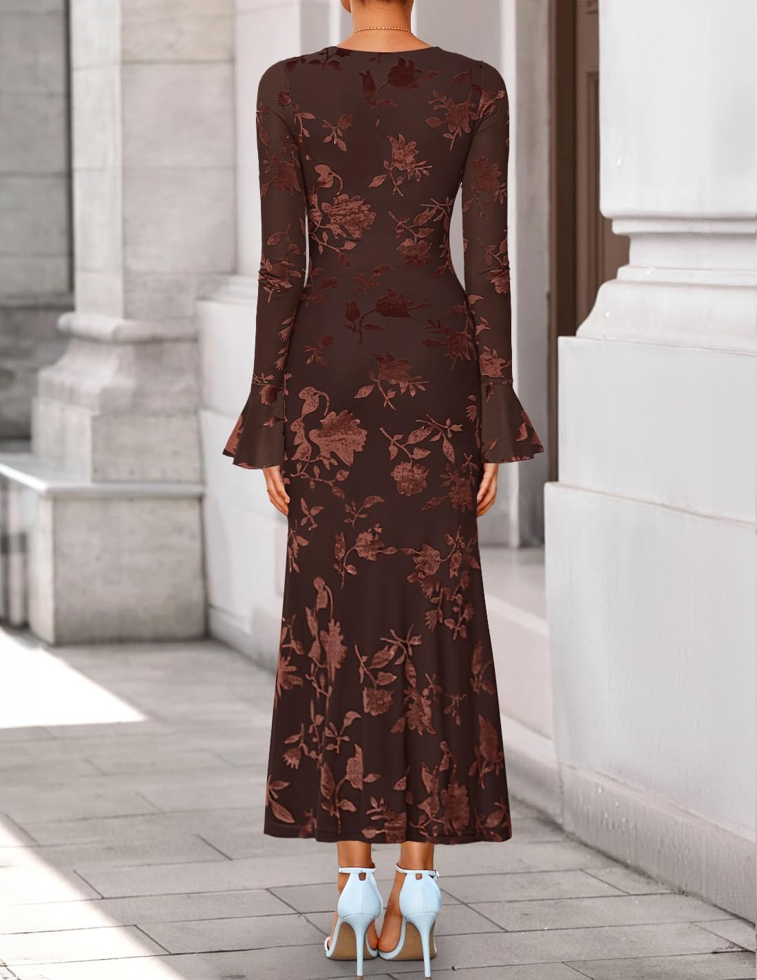 ZESICA Women’s 2025 Bell Long Sleeve Floral Maxi Dress Fall Fashion Bodycon Mesh Wedding Guest Cocktail Party Dresses