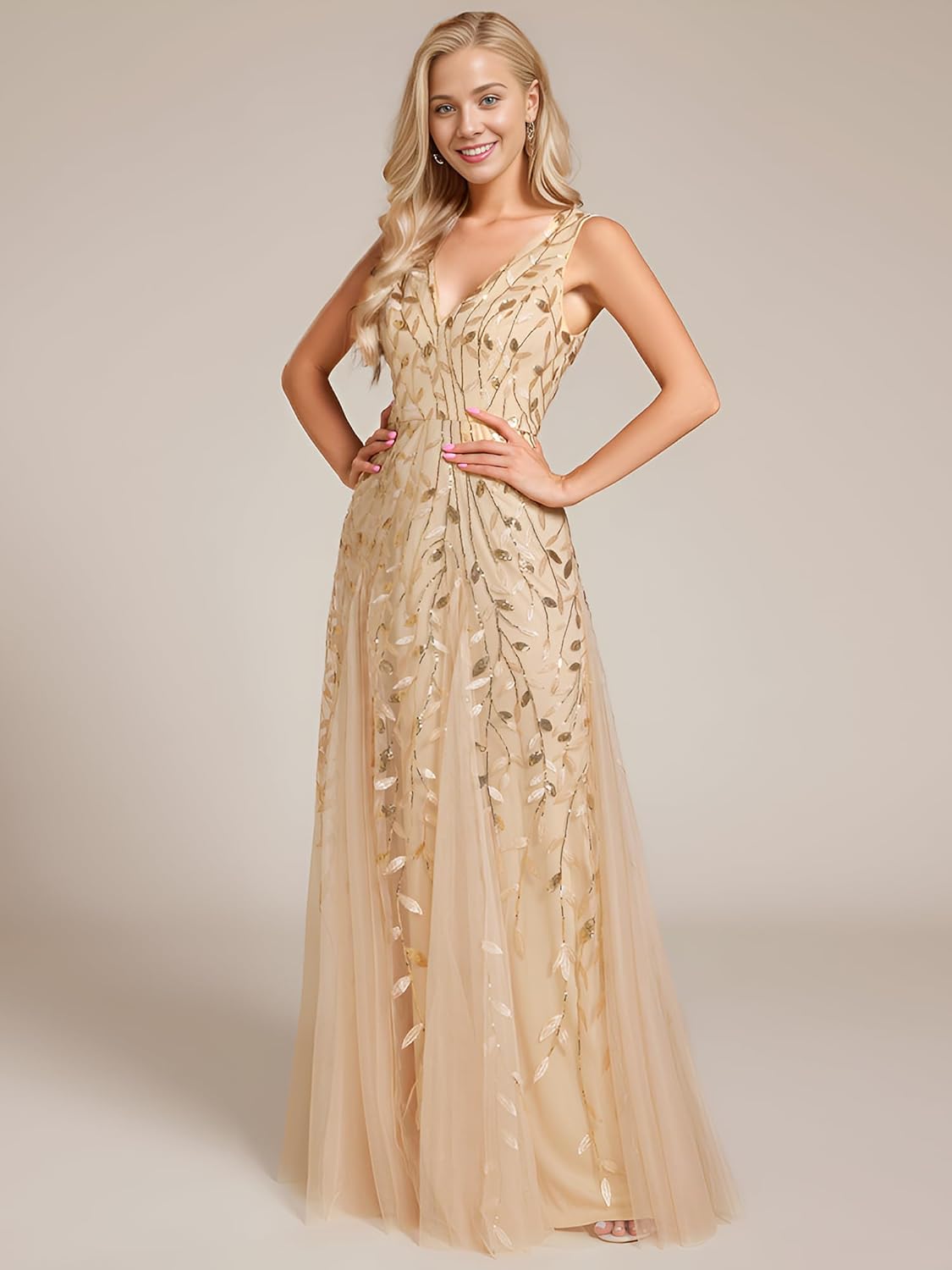 Ever-Pretty Women’s Sexy Sleeveless V-Neck Evening Gowns Empire Waist Sequin Embroidery Formal Dress