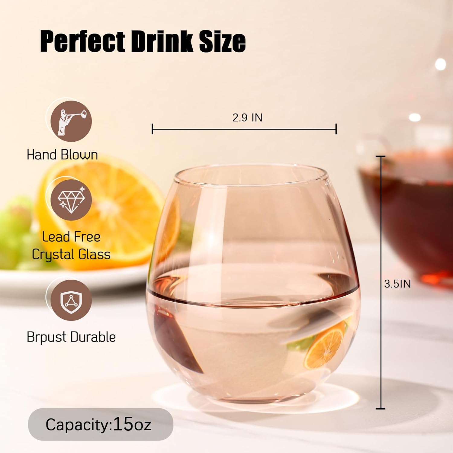 Colored Stemless Wine Glasses Set of 6-15 oz Hand-Blown Crystal Colored Glassware, Multicolor Drinking Glasses, Wedding, Birthday, Christmas, Housewarming Gifts for Women