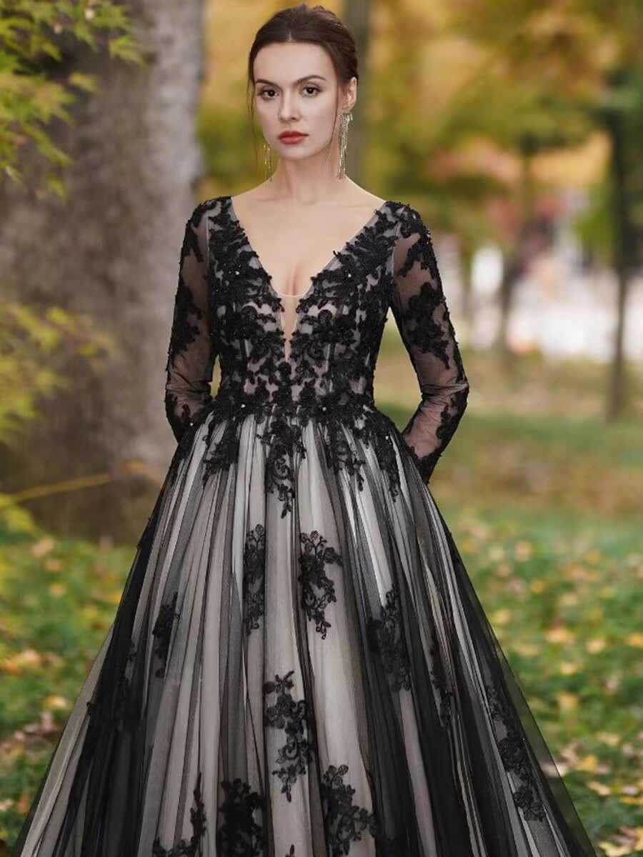 Long Sleeves Sweetheart Wedding Dresses for Women Lace Tulle Bridal Gowns with Train Sparkly Black Bridal Dresses