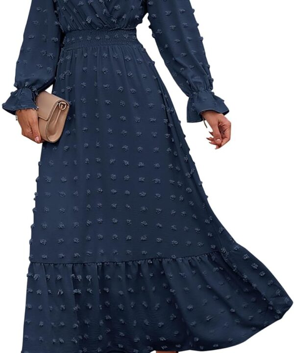 BTFBM Women Fall Maxi Dresses 2025 Long Sleeve V Neck Swiss Dots High Waisted A-Line Ruffle Boho Long Dress Vacation