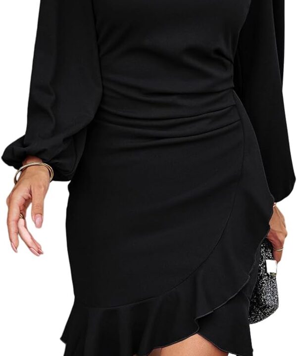 Women Formal Elegant Mini Dress Long Lantern Sleeve Ruffle Hem Ruched Party Cocktail Wedding Guest Work Dresses