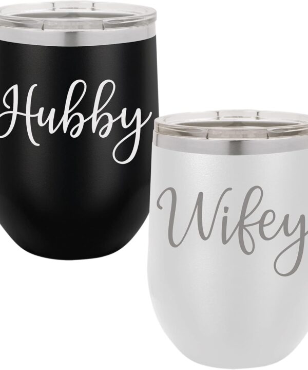 Wifey & Hubby 12 oz. Insulated Wine Glasses Set - Modern Engraved Wedding Gift Drinking Tumblers Couples Gifts Black/White, Wine Glass Set and Wedding Essentials