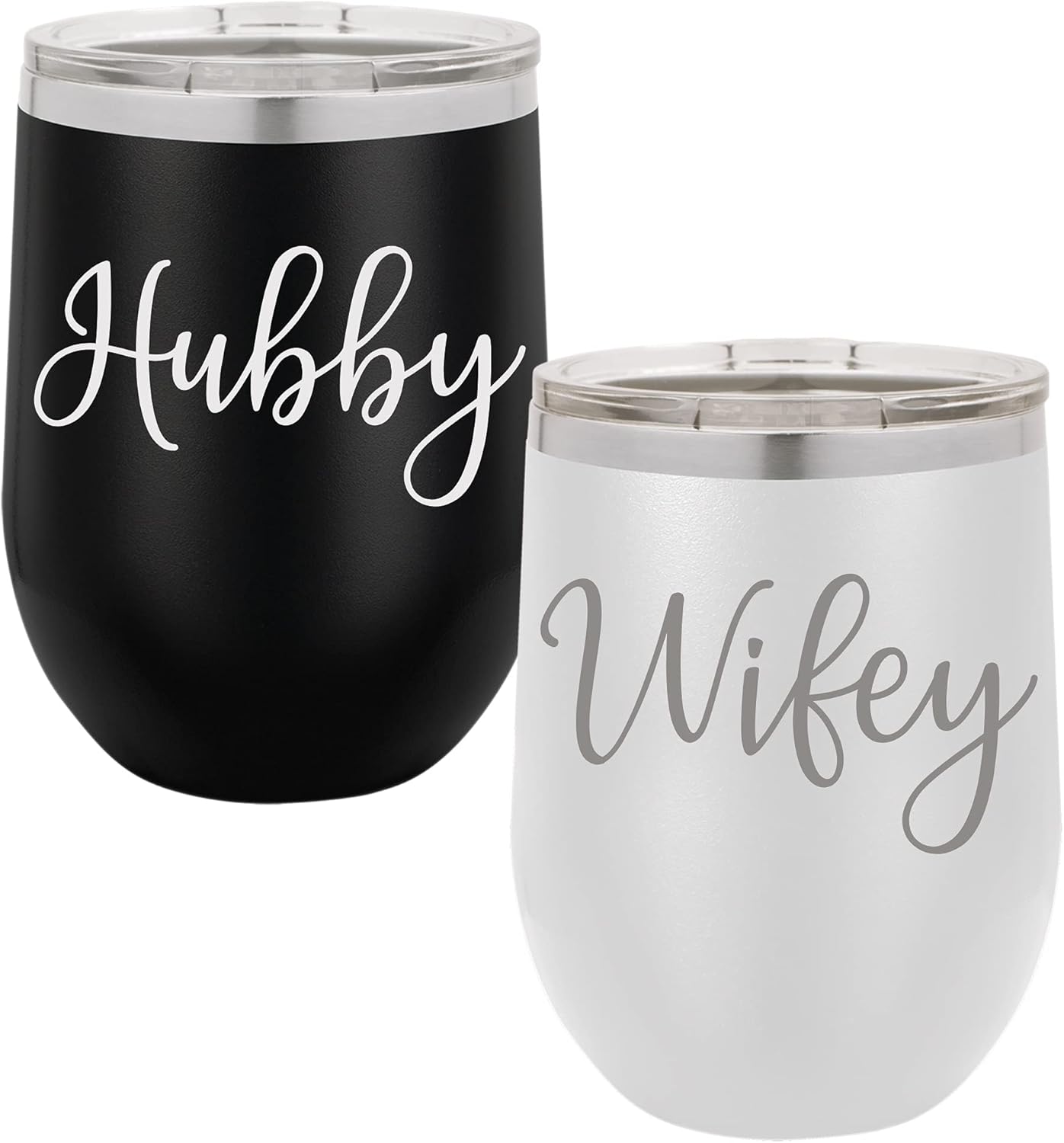 Wifey & Hubby 12 oz. Insulated Wine Glasses Set - Modern Engraved Wedding Gift Drinking Tumblers Couples Gifts Black/White, Wine Glass Set and Wedding Essentials