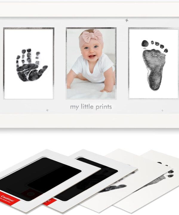 Baby Hand and Footprint Kit, Newborn Keepsake Frame, Inkless No Mess Clean-Touch Ink Pad for Baby Handprint and Footprint, Perfect Shower Gift for Boys and Girls, Baby Registry, White