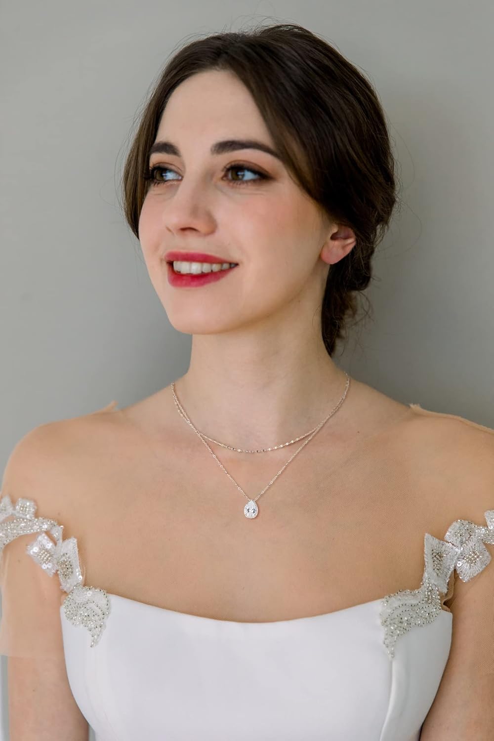 SWEETV Teardrop Wedding Back Necklace for Bride Bridesmaids, Cubic Zirconia Simple Back Pendant Bridal Necklace for Wedding Party