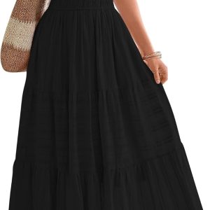 BTFBM Womens Summer 2025 Casual Midi Maxi Dresses Lightweight Short Sleeve V Neck Elastic Waist Boho Beach Dress Pockets