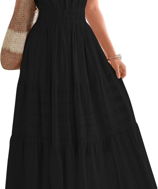 BTFBM Womens Summer 2025 Casual Midi Maxi Dresses Lightweight Short Sleeve V Neck Elastic Waist Boho Beach Dress Pockets