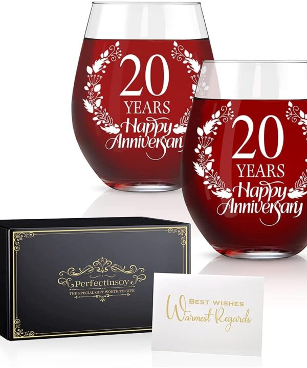 Perfectinsoy 20 Years Happy Anniversary Wine Glass Set of 2, Happy 20th Anniversary Wedding Gifts for Mom, Dad, Wife, Soulmate, Couple, Funny Vintage Unique Personalized, 20 Years Gifts