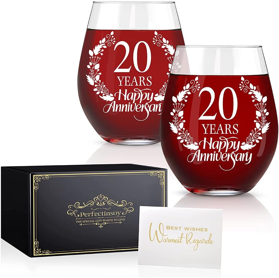Perfectinsoy 20 Years Happy Anniversary Wine Glass Set of 2, Happy 20th Anniversary Wedding Gifts for Mom, Dad, Wife, Soulmate, Couple, Funny Vintage Unique Personalized, 20 Years Gifts