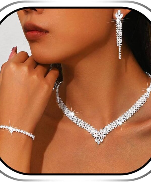 Sixexey Rhinestone Wedding Jewelry Set Silver Bridal Necklace Earrings Party Prom Costume Jewelry Accessories for Women