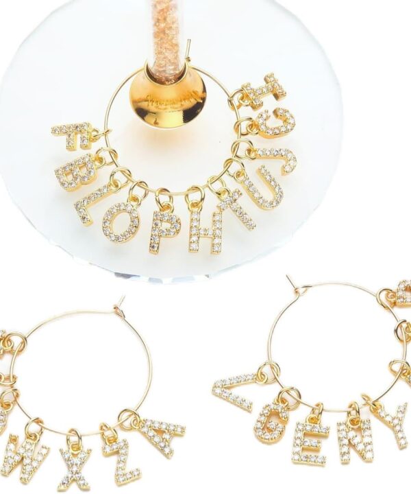 Pride & Par Gold Bling Letter Wine Glass Charms, 26-Piece Set, Diamond Wine Glass Markers for Stem Glasses, Shiny Wedding & Party Decoration