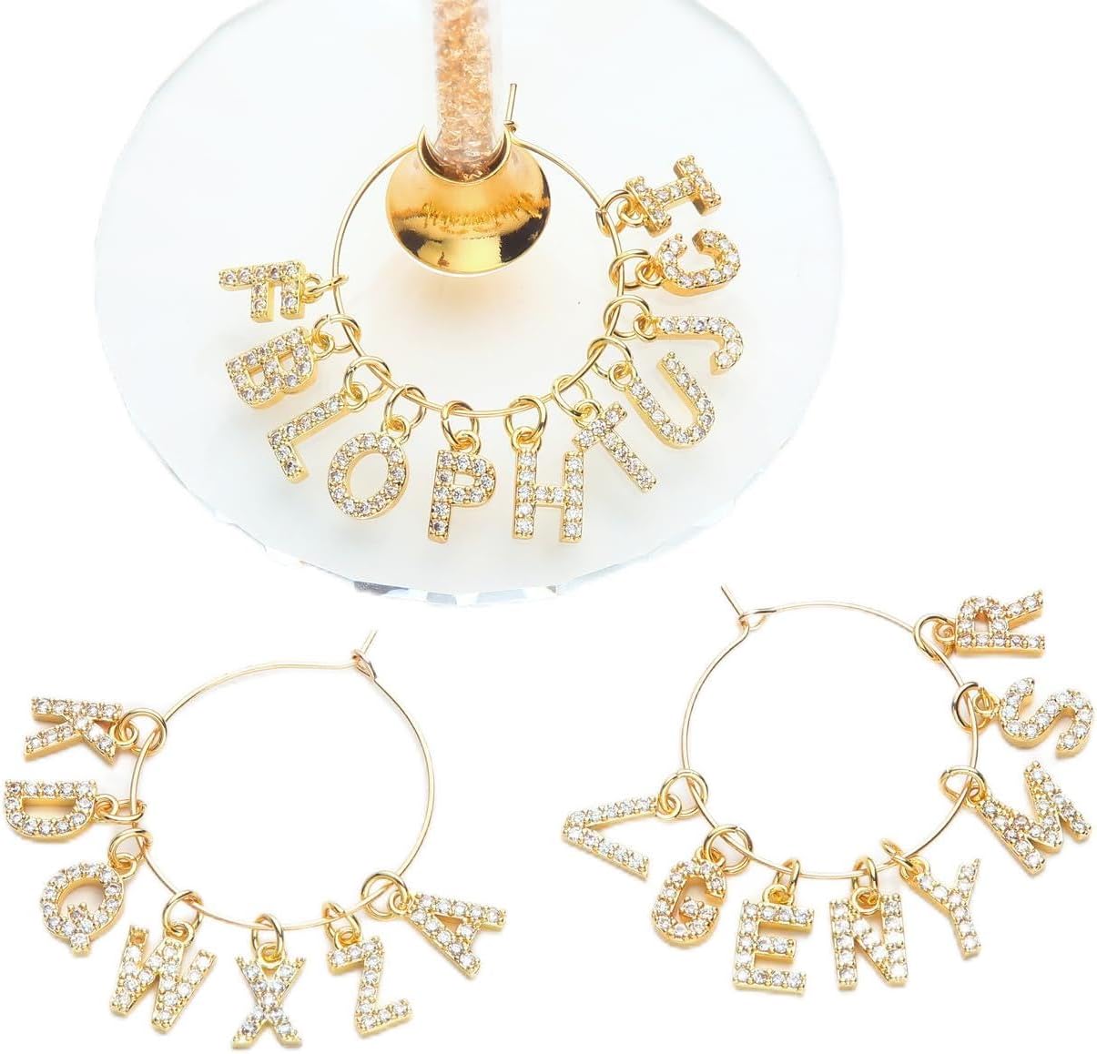 Pride & Par Gold Bling Letter Wine Glass Charms, 26-Piece Set, Diamond Wine Glass Markers for Stem Glasses, Shiny Wedding & Party Decoration