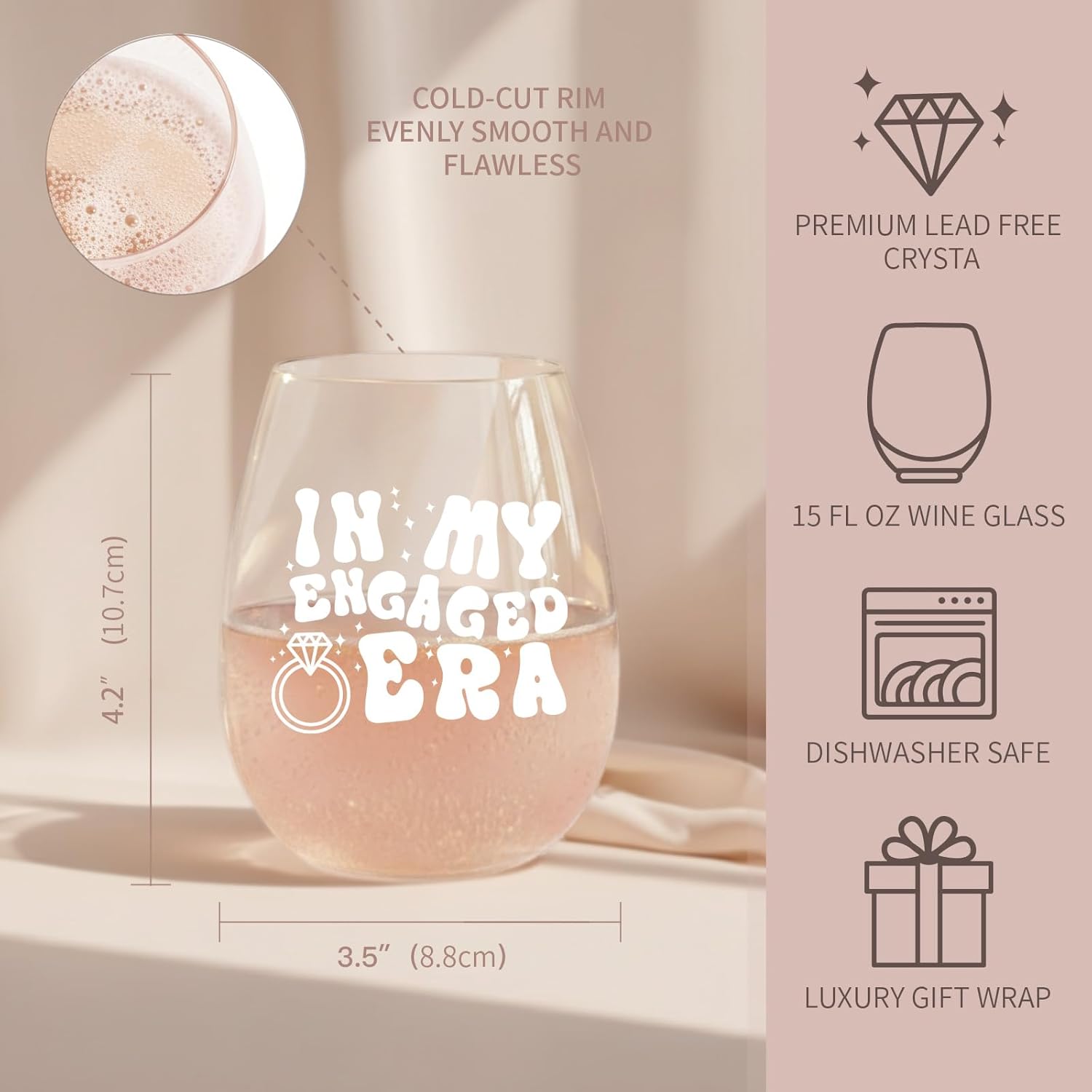 LITTLEBIGGER Engagement Gifts for Couple – Bride Wine Glass Elegant Engagement Gifts for Women, 15 oz Scratch-Resistant Wine Glasses – Future Mrs Keepsake, In My Engaged Era Design (White)