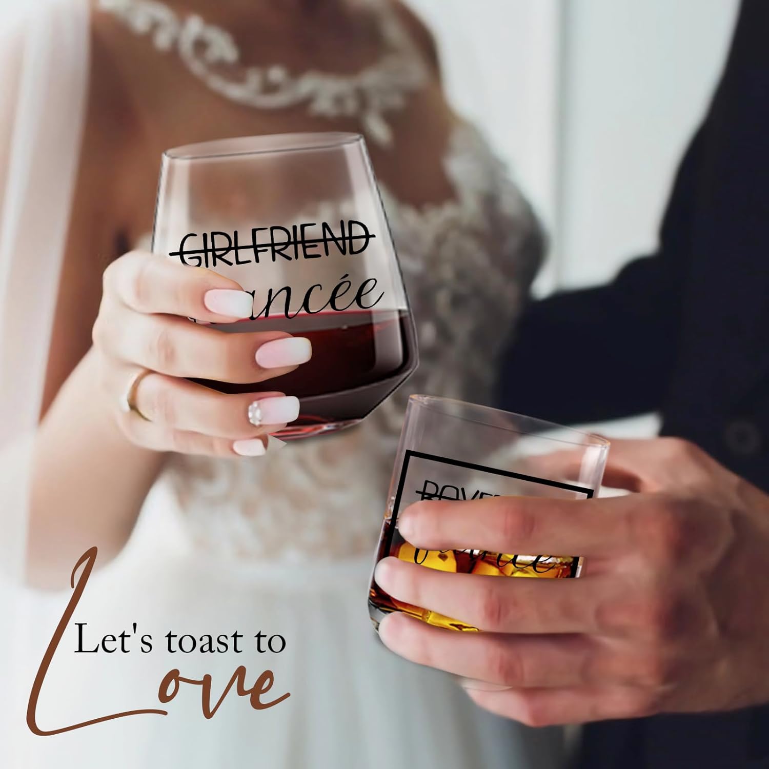 comfit Fianc Engagement Gifts for Couples – Stemless Engagement Wine & Whiskey Glasses for Newly Engaged Couples, Mr and Mrs, Wedding Planning Wine Bag