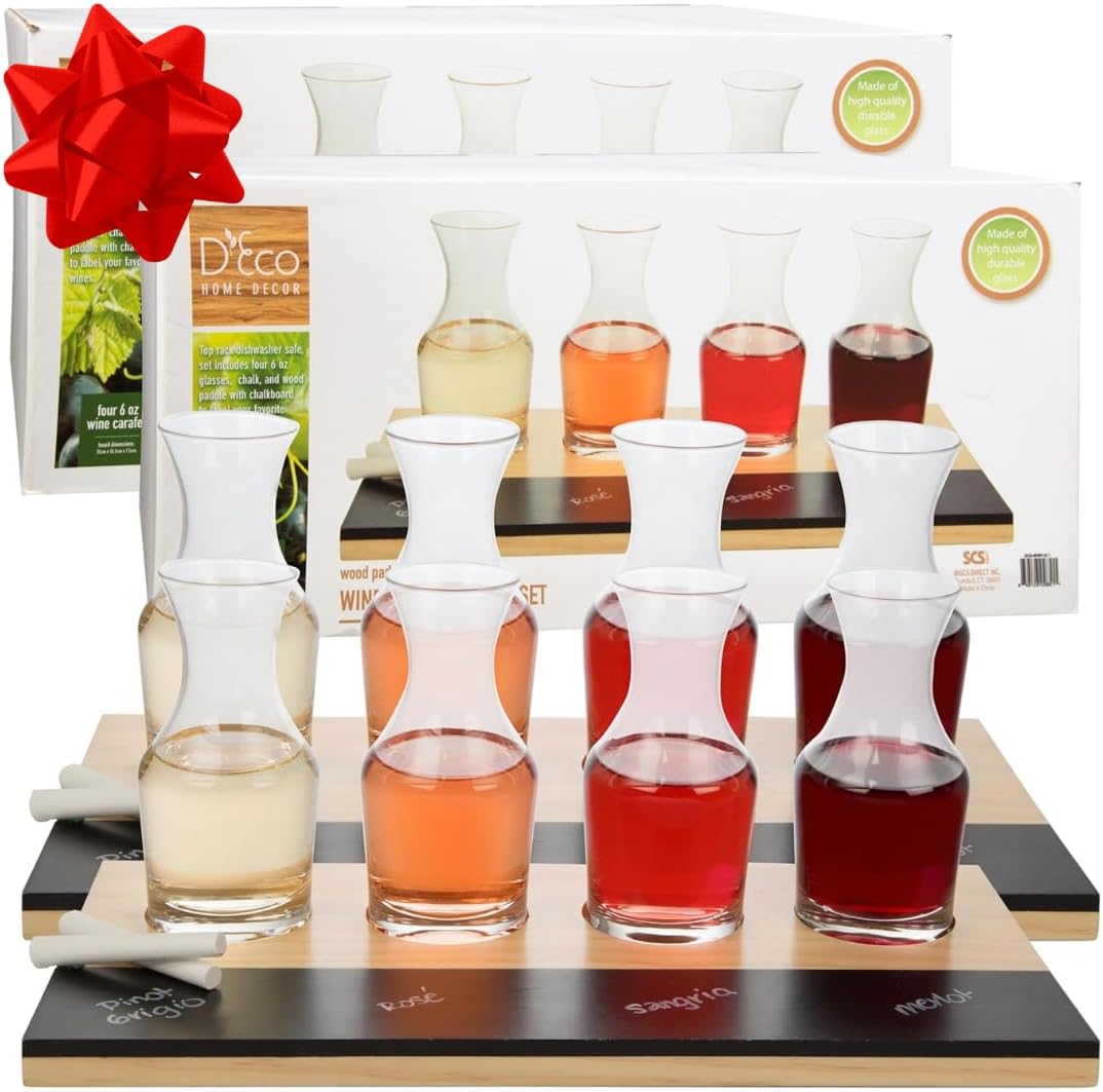 Wine Tasting Flight Sampler Boards (2Pk)- Set Includes Eight 6 oz Decanter Glasses & 2 Wood Chalkboards - Great for Charcuterie Boards, Wine Taste Testing, Date Nights - Holiday Xmas Gift Must Have