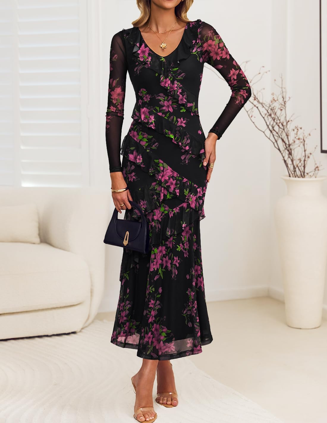 ZESICA Women’s Fall Floral Long Sleeve Maxi Dress 2025 Boho Bodycon V Neck Ruffle Wedding Party Long Dresses