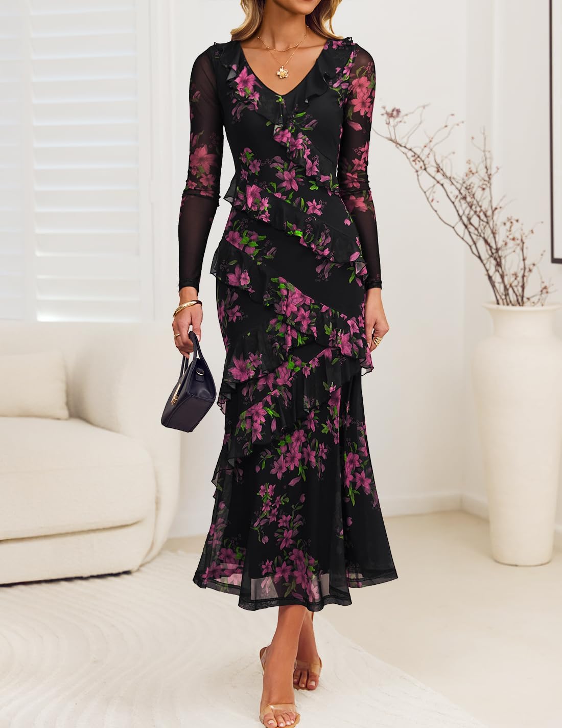 ZESICA Women’s Fall Floral Long Sleeve Maxi Dress 2025 Boho Bodycon V Neck Ruffle Wedding Party Long Dresses