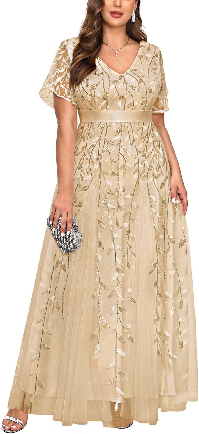 Pinup Fashion Plus Size Formal Dresses – Evening Gowns Wedding Sequin Embroidery V-Neck Prom Long Dress