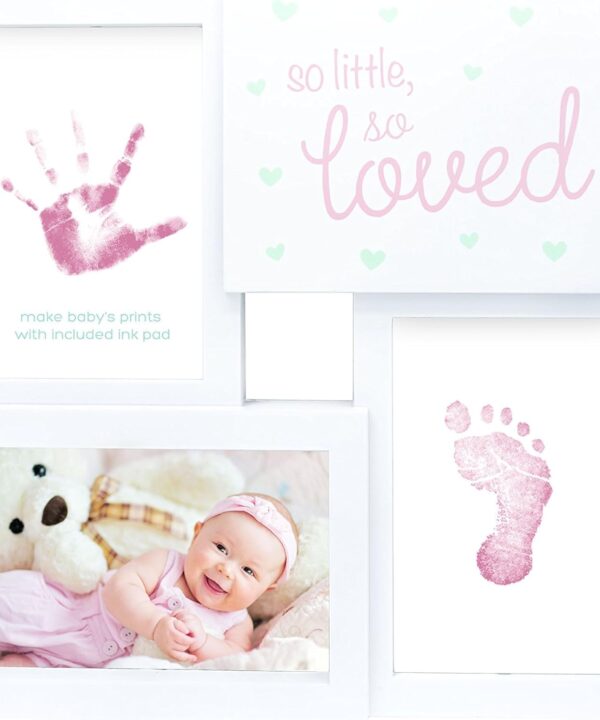 tiny ideas Baby Prints Collage Keepsake Frame With Included Ink Pad, Newborn Handprint And Footprint Nursery Decor, So Little So Loved, Pink/White