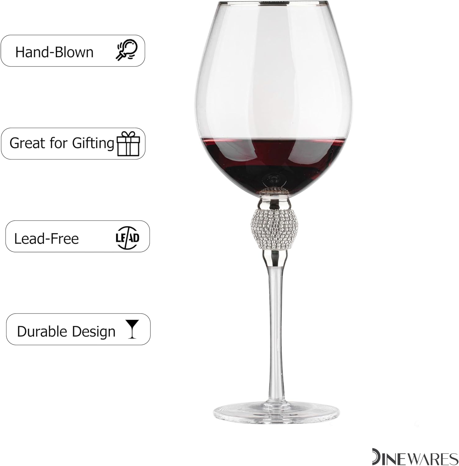 Rimmed Red Wine Glasses with Diamond Rhinestone Accent 18 oz, 10 Inches Tall Perfect Toasting Glasses for Bride and Groom Great for Party Wedding Anniversary and Special Occasion (Silver, Set of 4)