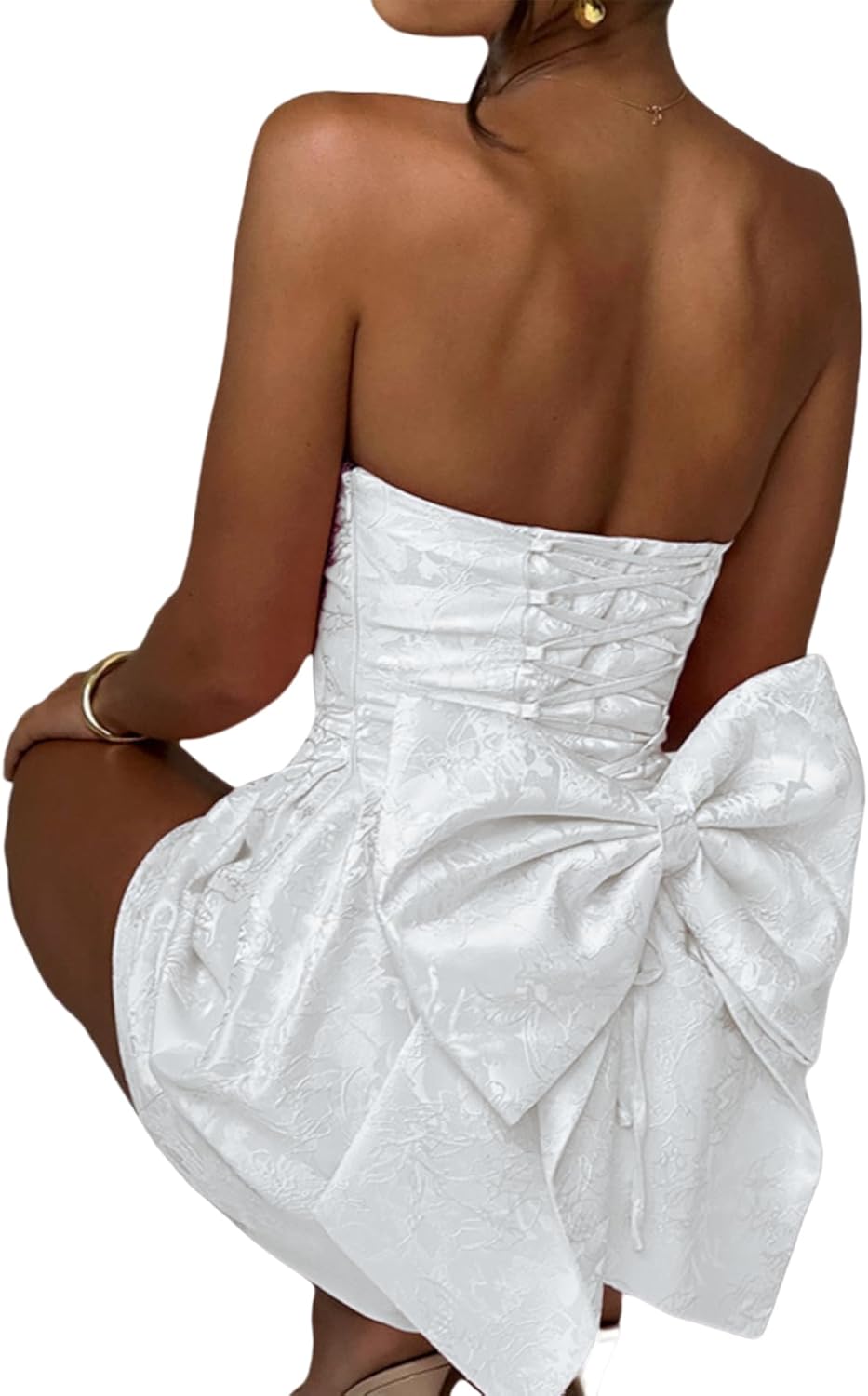 ZGMYC Jacquard Satin Homecoming Dress with Bow Elegant Strapless Mini Dress A Line Short Prom Dresses Party Gown